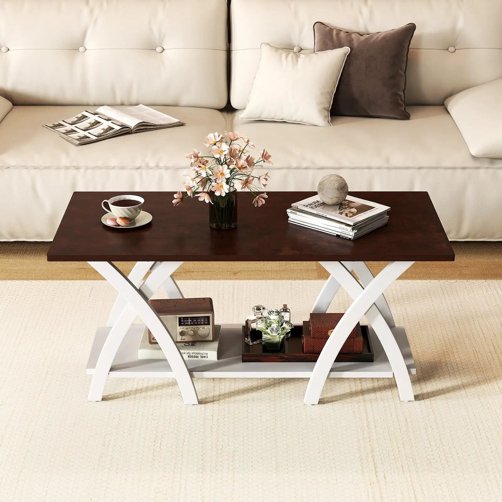 40 Inch Farmhouse Wooden 2-Tier Coffee Table with Storage Shelf for Living Room-Walnut by DirectDeals