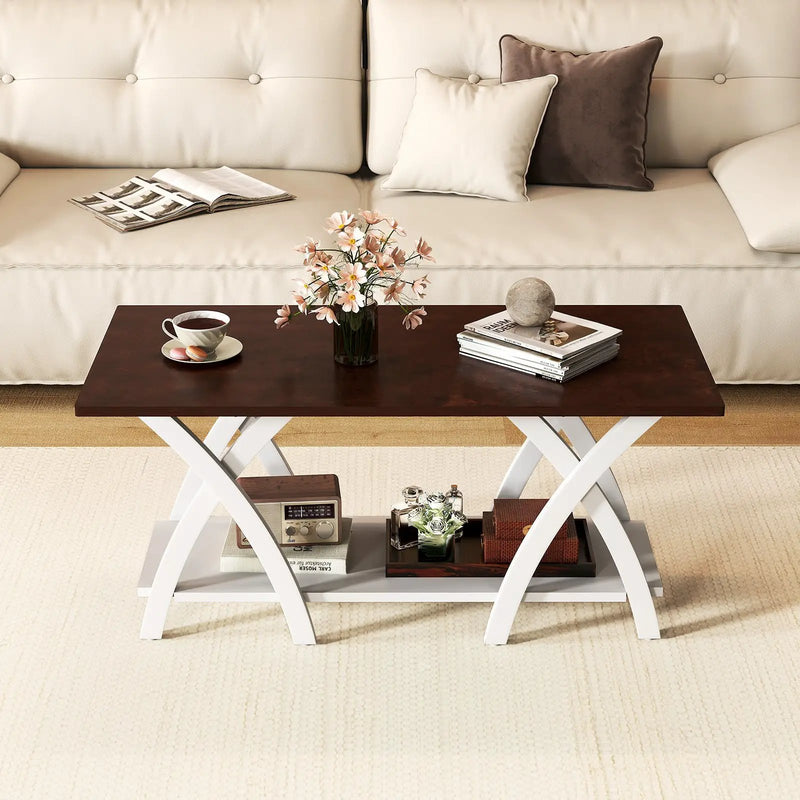 40 Inch Farmhouse Wooden 2-Tier Coffee Table with Storage Shelf for Living Room-Walnut by DirectDeals