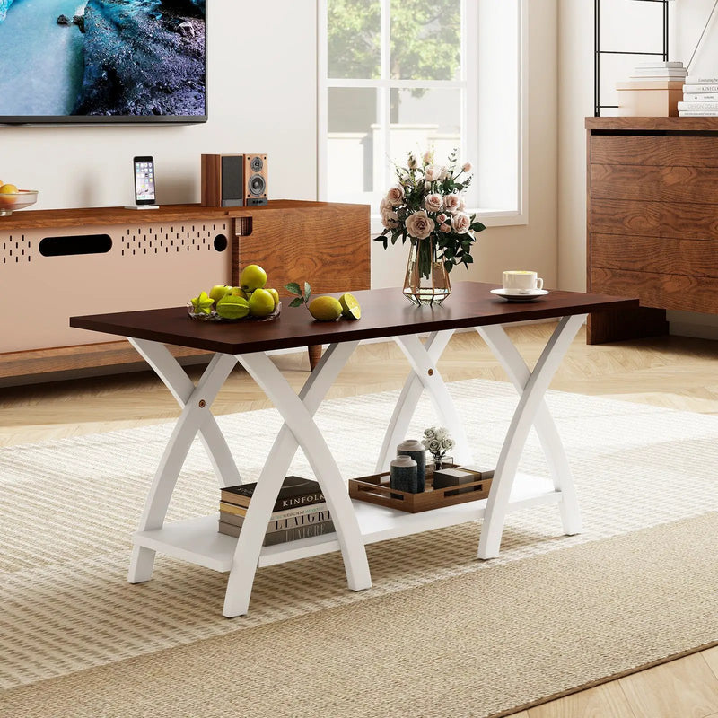40 Inch Farmhouse Wooden 2-Tier Coffee Table with Storage Shelf for Living Room-Walnut by DirectDeals