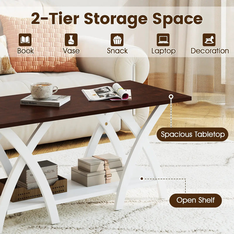 40 Inch Farmhouse Wooden 2-Tier Coffee Table with Storage Shelf for Living Room-Walnut by DirectDeals