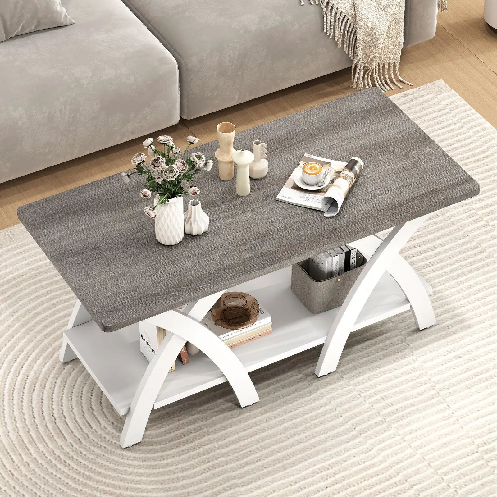 40 Inch Farmhouse Wooden Coffee Table with Storage Shelf with X-shaped Legs-Gray by DirectDeals