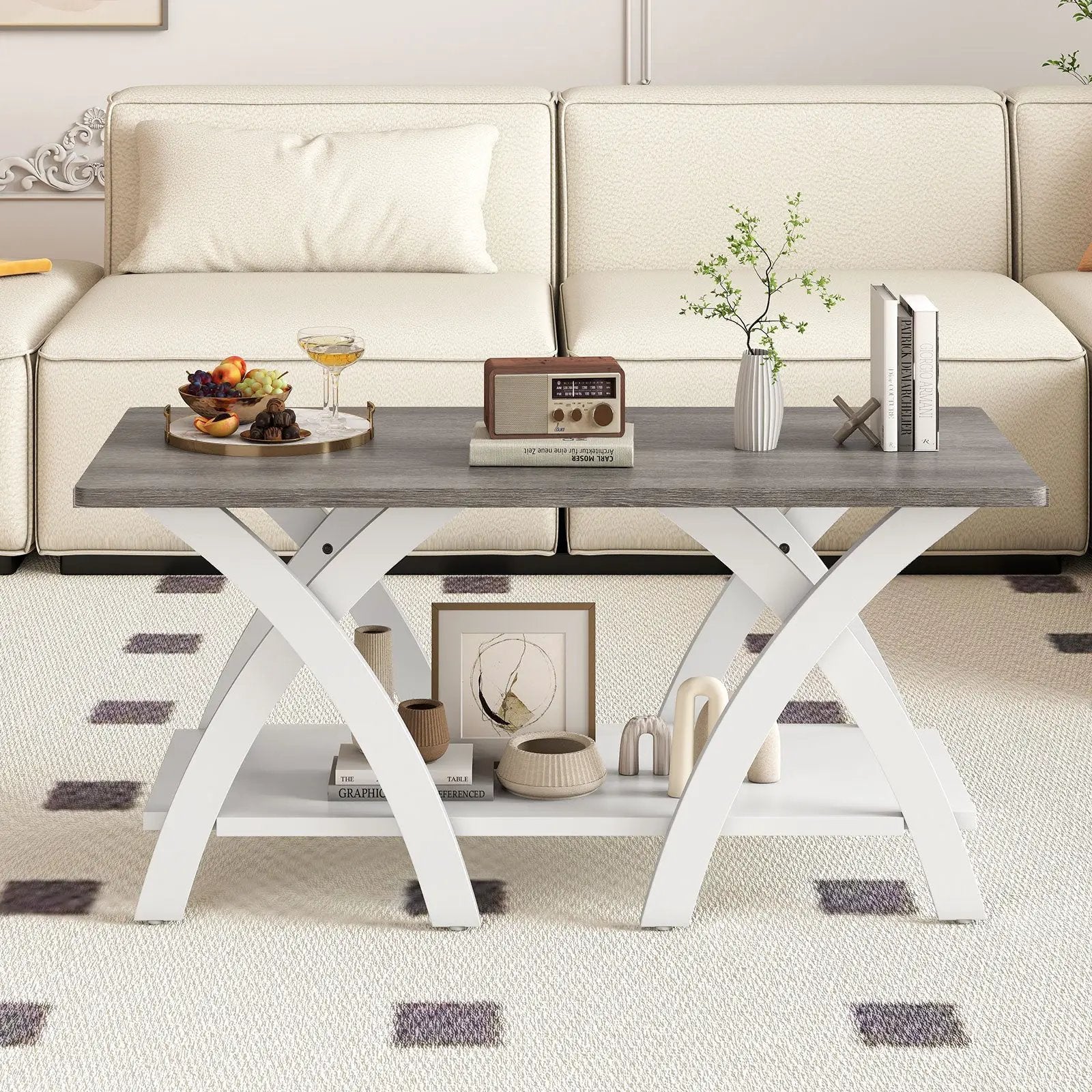 40 Inch Farmhouse Wooden Coffee Table with Storage Shelf with X-shaped Legs-Gray by DirectDeals