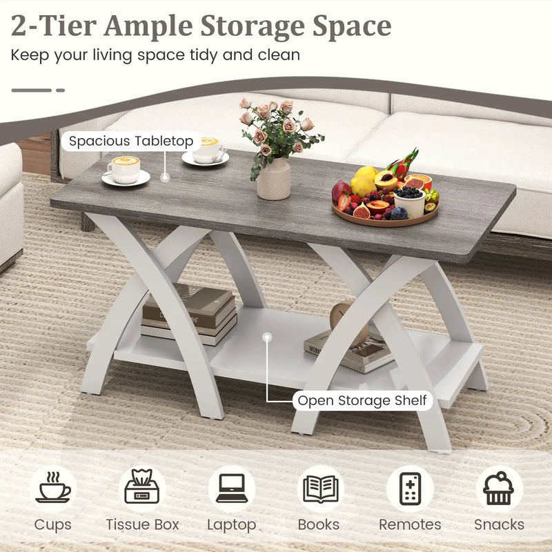 40 Inch Farmhouse Wooden Coffee Table with Storage Shelf with X-shaped Legs-Gray by DirectDeals