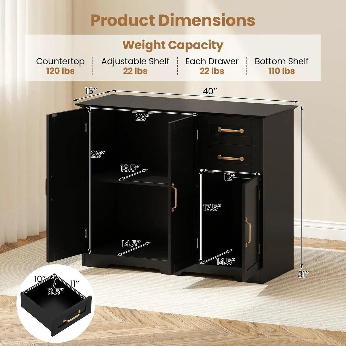 40 Inch Modern Kitchen Sideboard Buffet Cabinet with 2 Drawers and Adjustable Shelf by DirectDeals
