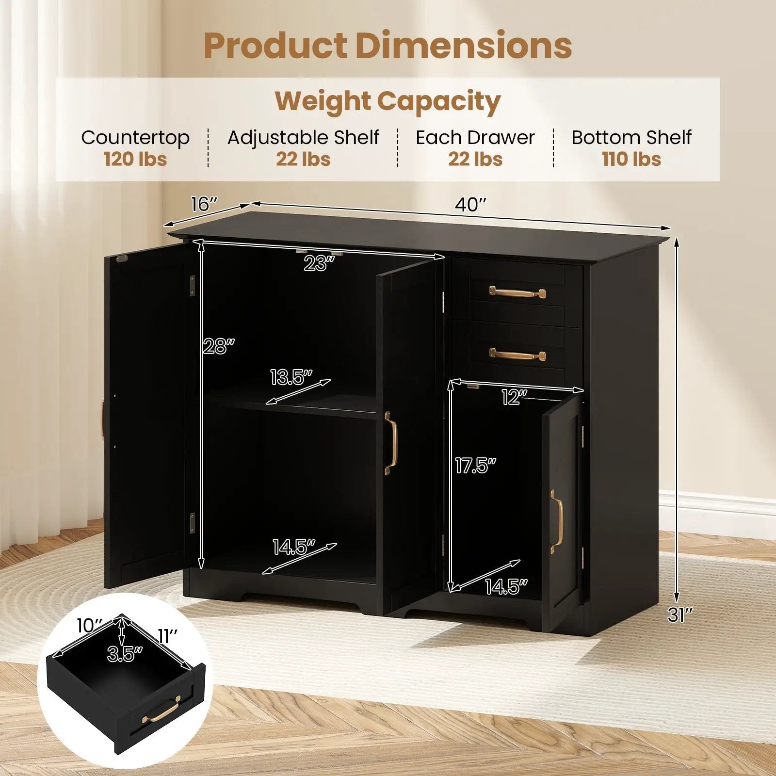 40 Inch Modern Kitchen Sideboard Buffet Cabinet with 2 Drawers and Adjustable Shelf by DirectDeals
