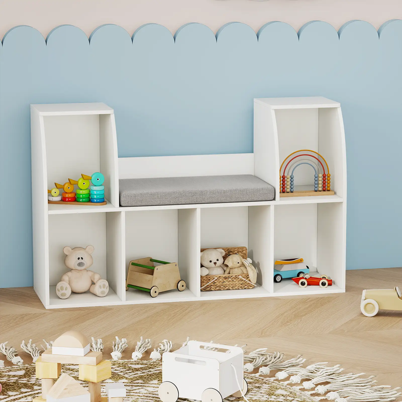 40 Inches Kids Bookshelf with Reading Nook Bookcase with 6 Open Cubes-White by DirectDeals