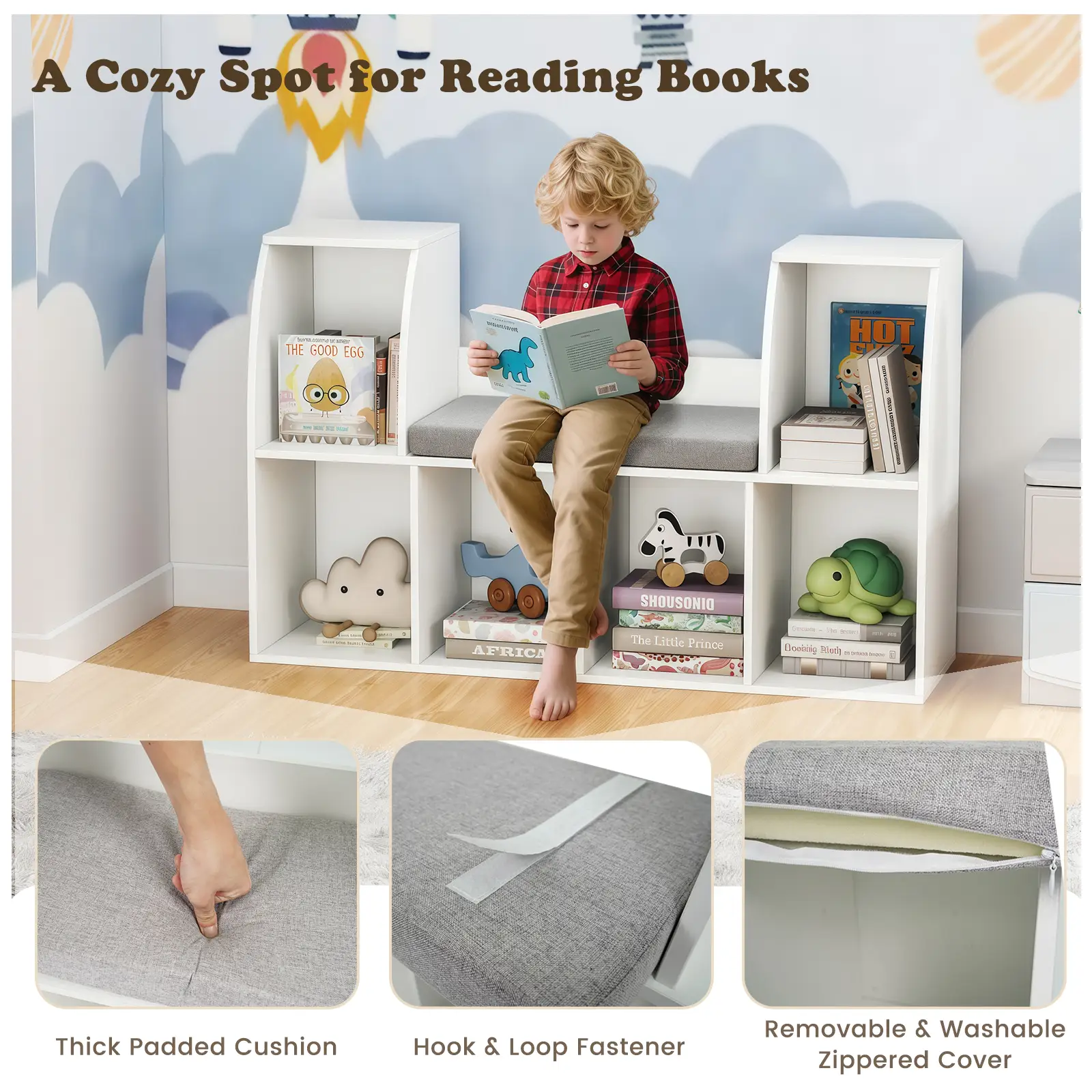 40 Inches Kids Bookshelf with Reading Nook Bookcase with 6 Open Cubes-White by DirectDeals