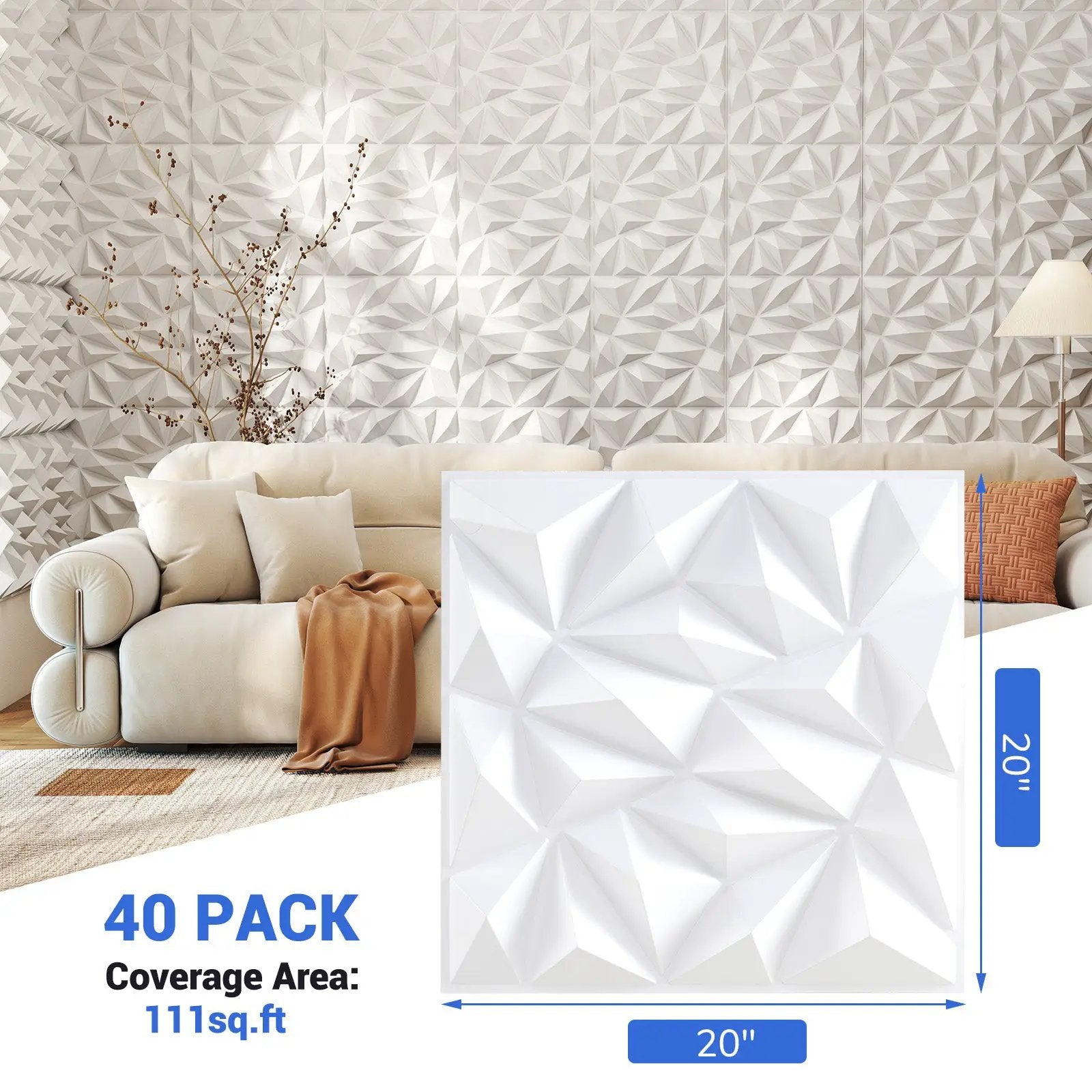 40-Pack 3D Wall Panels with Decorative Diamond Patterns-White by DirectDeals