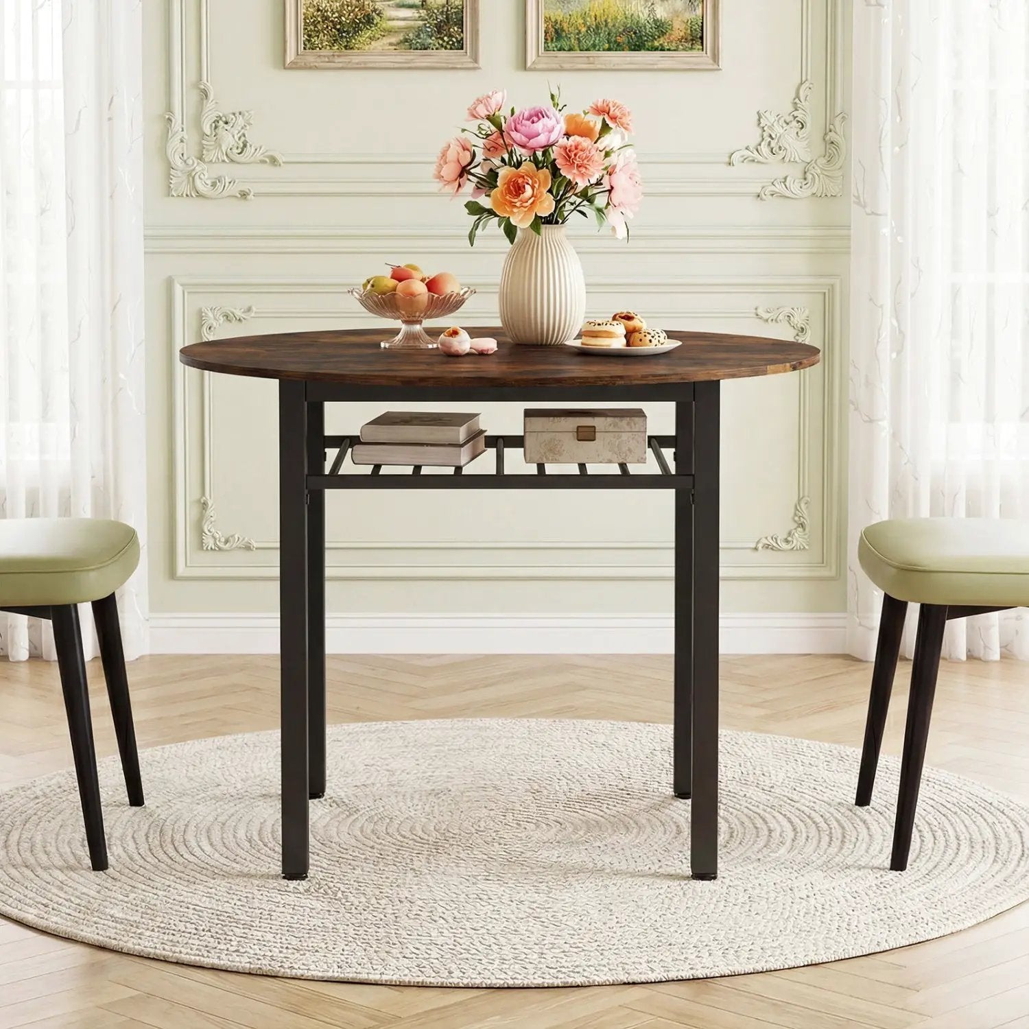 40" Round Dining Table with Storage Shelf for 4 People by DirectDeals