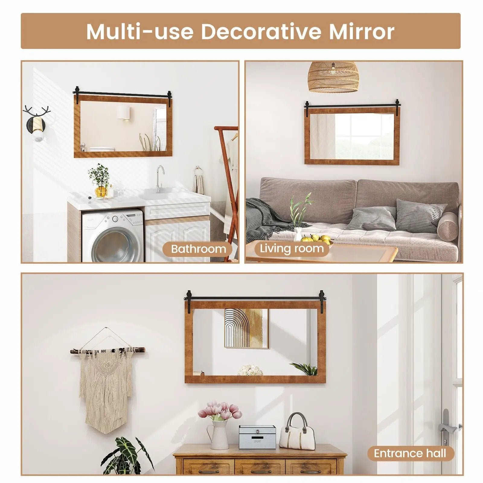 Rectangle Barn Door Style Wall Mounted Mirror with Solid Wood Frame by DirectDeals