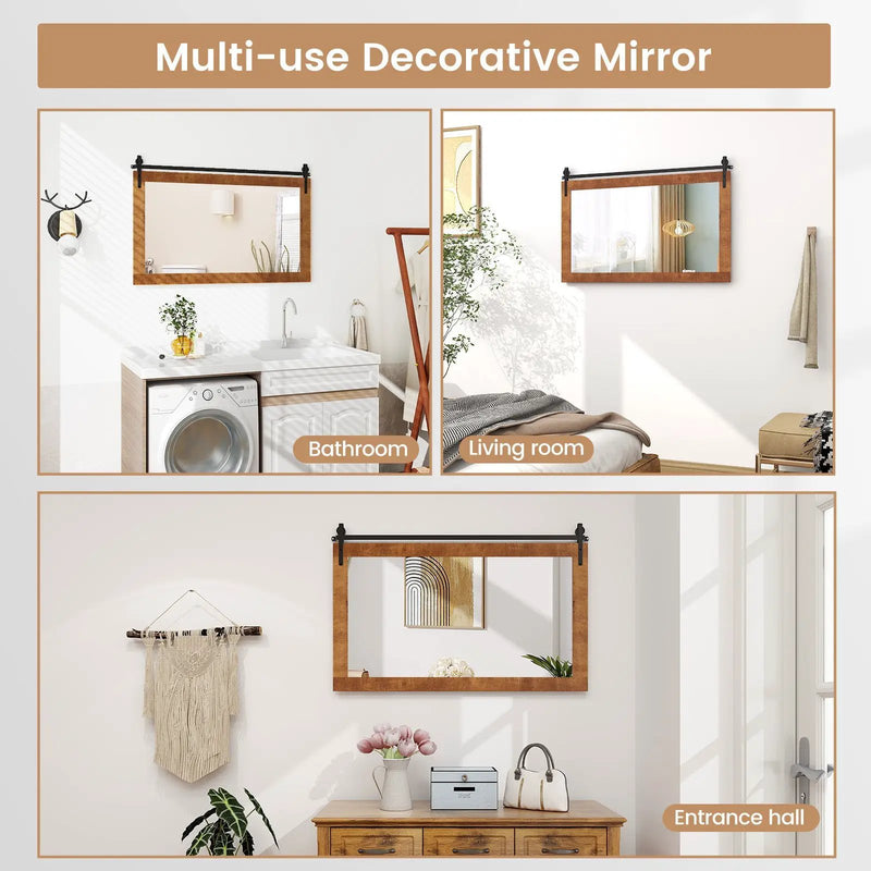 Rectangle Barn Door Style Wall Mounted Mirror with Solid Wood Frame by DirectDeals