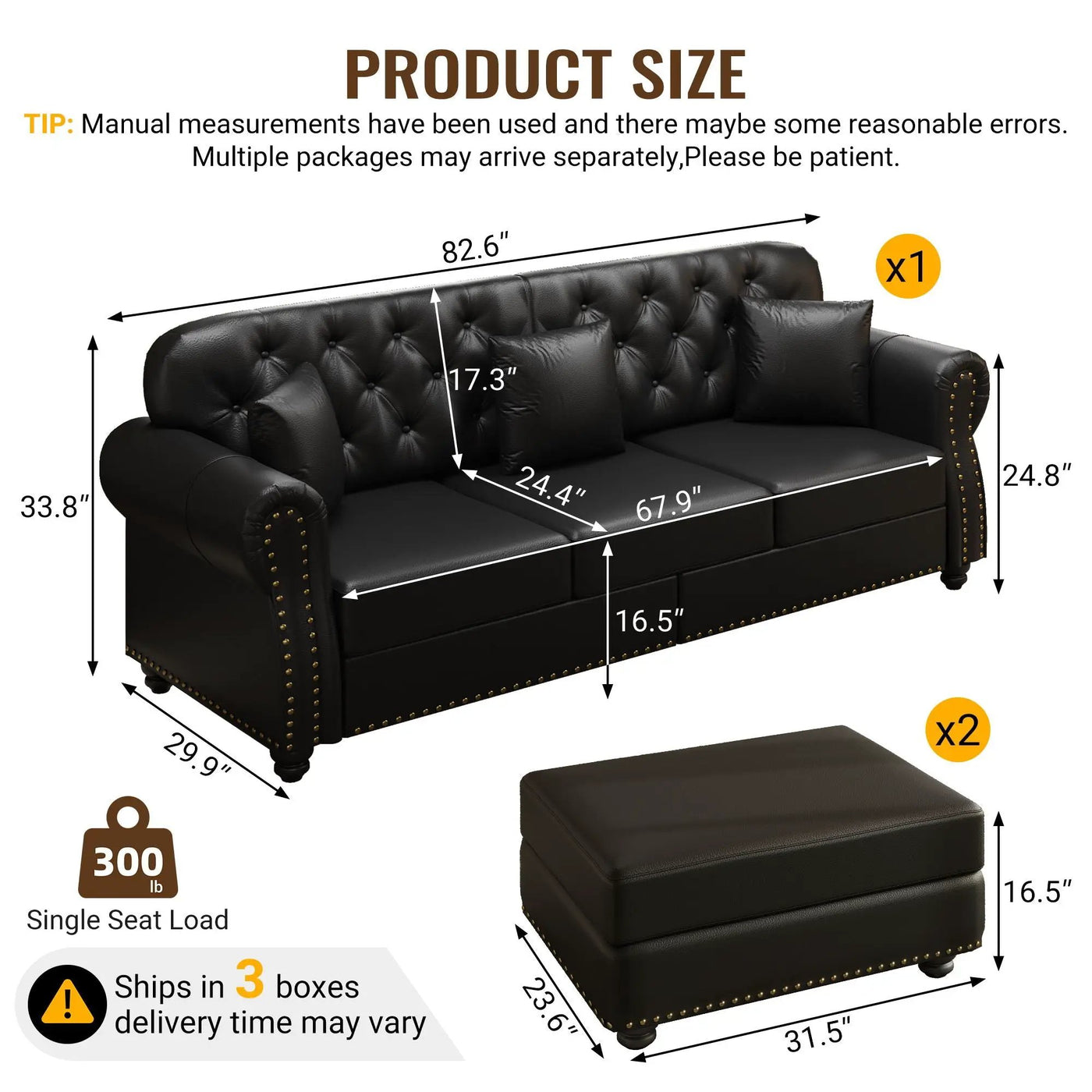 Upholstered Sofa With Nailhead Trim, Rolled Armrests With Ottoman by HouseOfZazla
