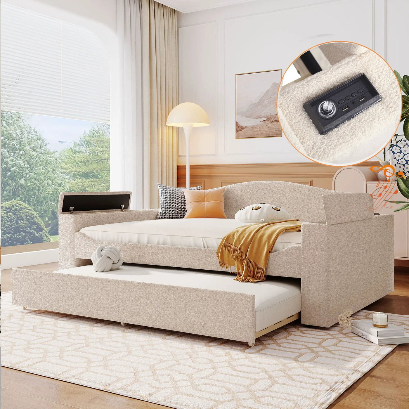 Upholstered Daybed With Storage Armrests, Trundle And Latest Integrated tooth Audio System by HouseOfZazla