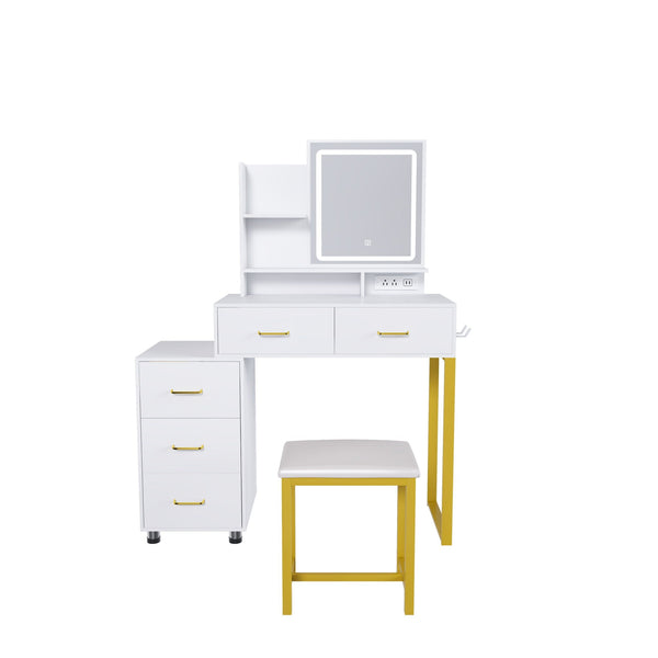 Elegant Makeup Vanity With Led Lights & Power Outlet - White