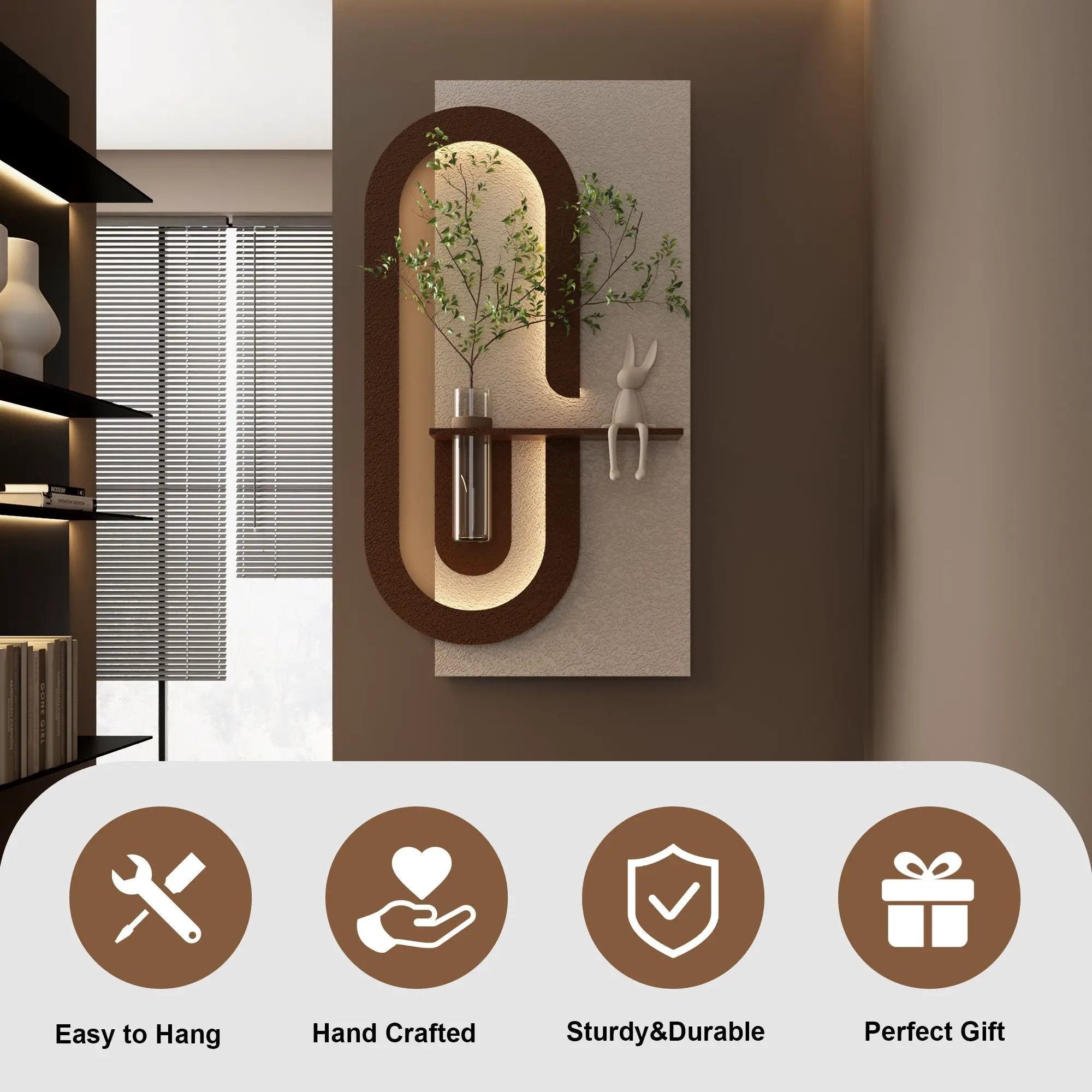 Adjustable LED Sandstone Wall Decor With Simulated Plants 3D Art Sculpture, Glass Vase & Rabbit Statue, Remote Control - Light Coffee by HouseOfZazla