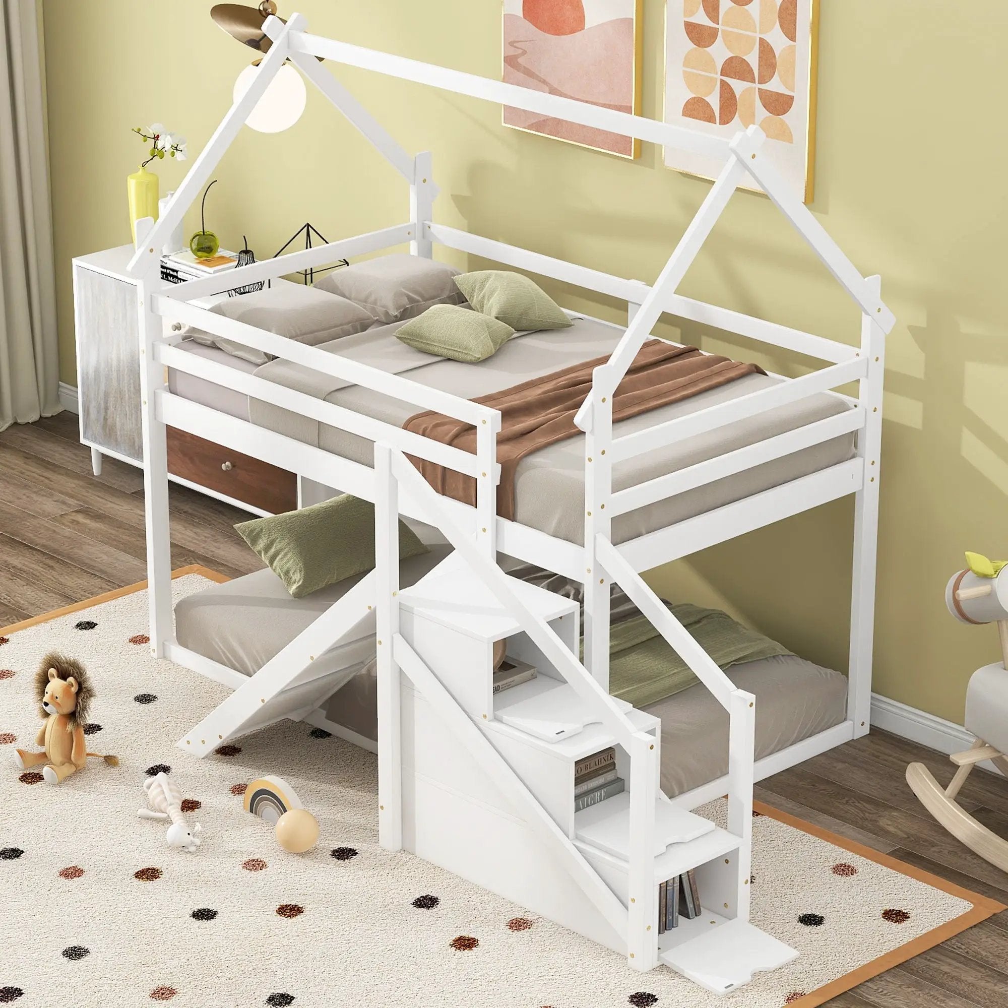 Twin Over Twin House Loft Or Bunk Bed With Slide And Staircase by Unique Piece Furniture