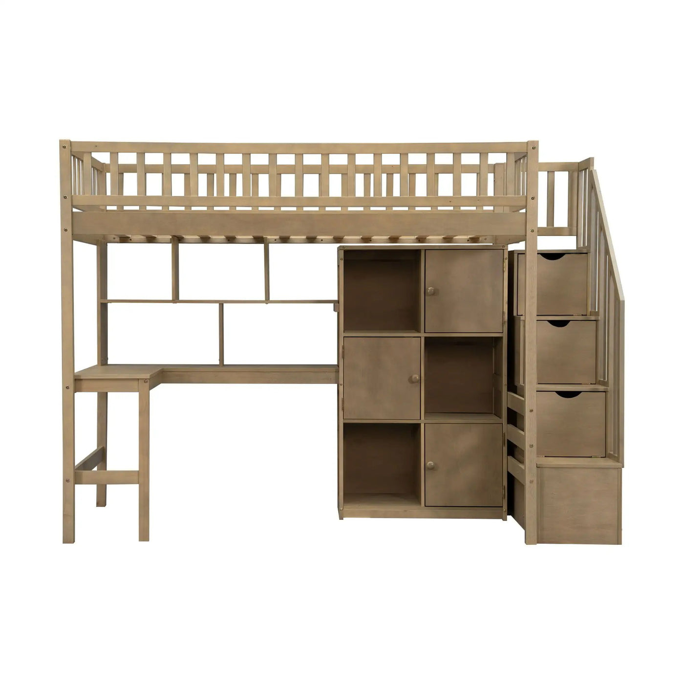Loft Bed With Built In L Shaped Desk, LED Lights, Storage Shelves, Cabinets, And Staircase by HouseOfZazla