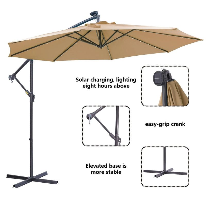 Outdoor Cantilever Patio Umbrella With 32 LED Lights 10 Ft Hanging Design Easy Open Adjustment Metal Frame - Taupe by Unique Piece Furniture