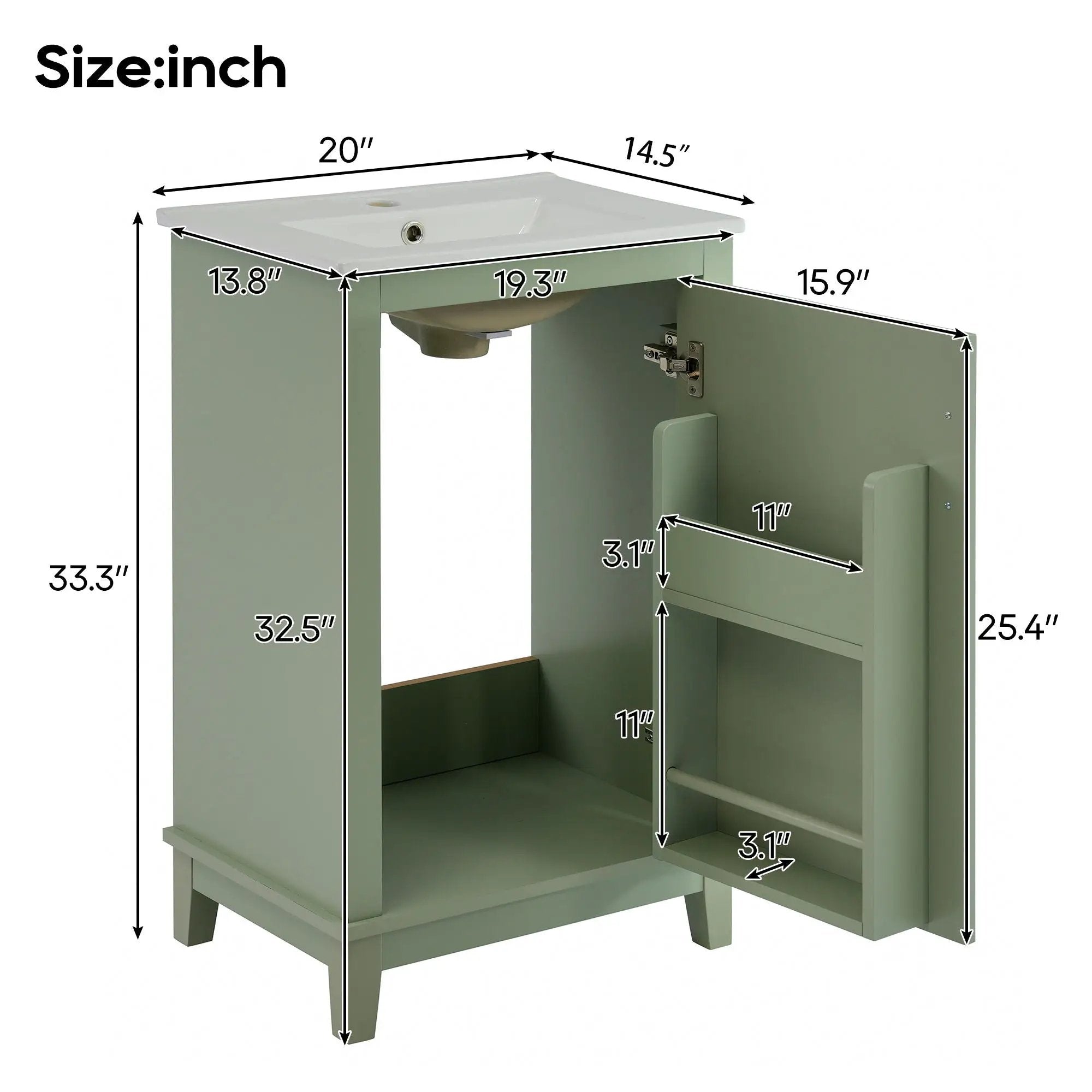 Modern Small Bathroom Vanity Cabinet With Ceramic Basin, Ample Storage, 1 Soft Close Door by HouseOfZazla