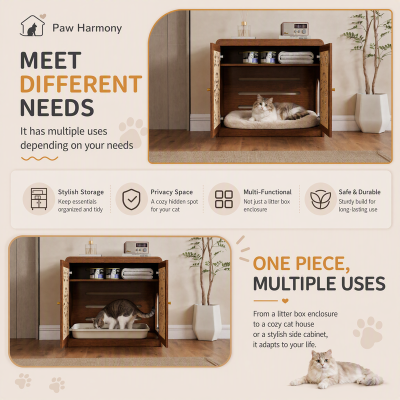 Walnut Cat Litter Box Enclosure Cabinet with Vent & Carved Doors - Walnut, photo 10 of 10