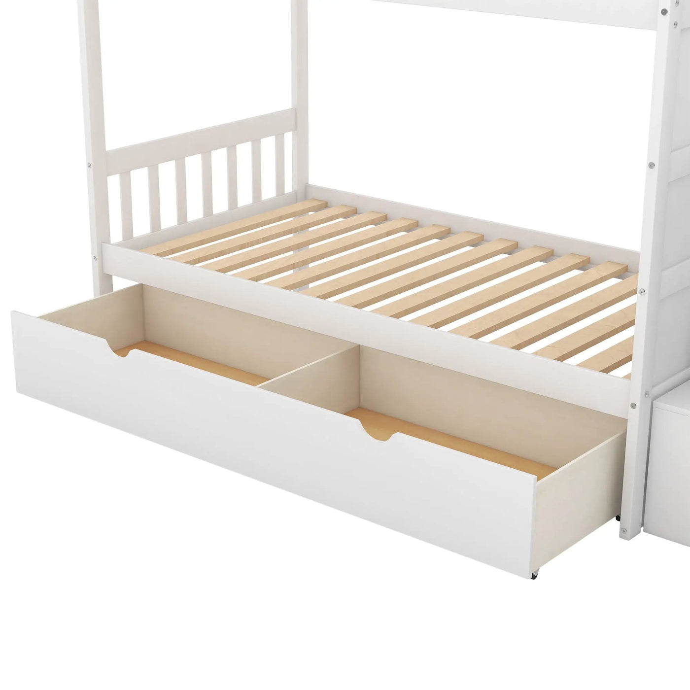 Bunk Bed, Convertible Bottom Bed, Storage Shelves And Drawers by HouseOfZazla
