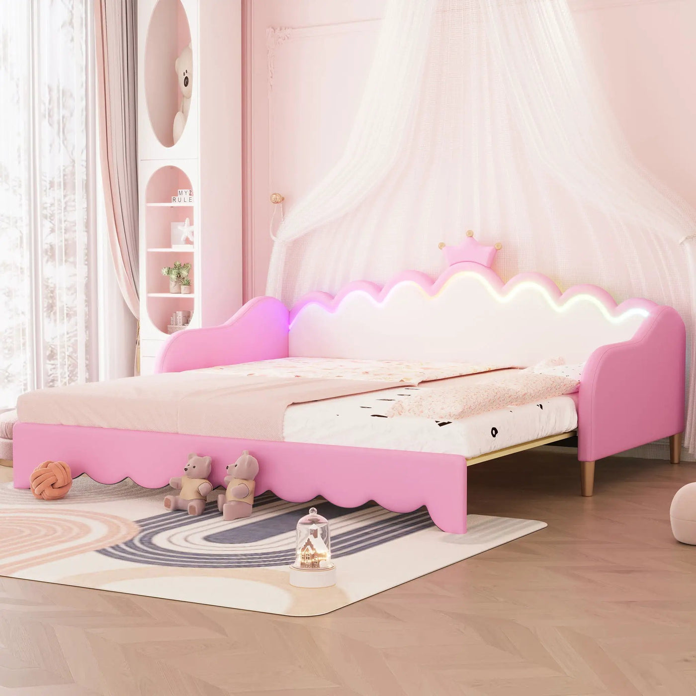 Extending Daybed With LED Lights, Modern Upholstered Princess Daybed With Crown Headboard by HouseOfZazla