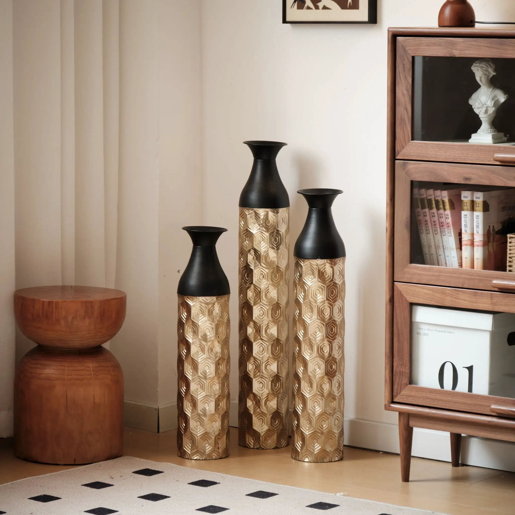 Floor Metal Vases (Set of 3) Gorgeous Home Decoration Large Glazed Metal Vases - Black / Gold by Unique Piece Furniture