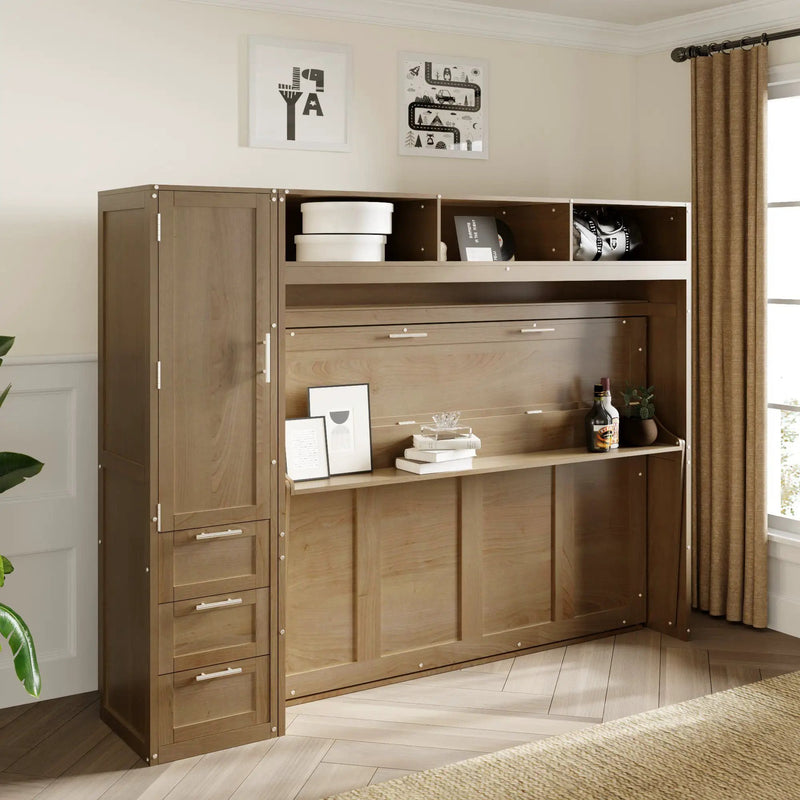 Full Size Murphy Bed With Wardrobe, Drawers, And Open Shelves - Wood by HouseOfZazla