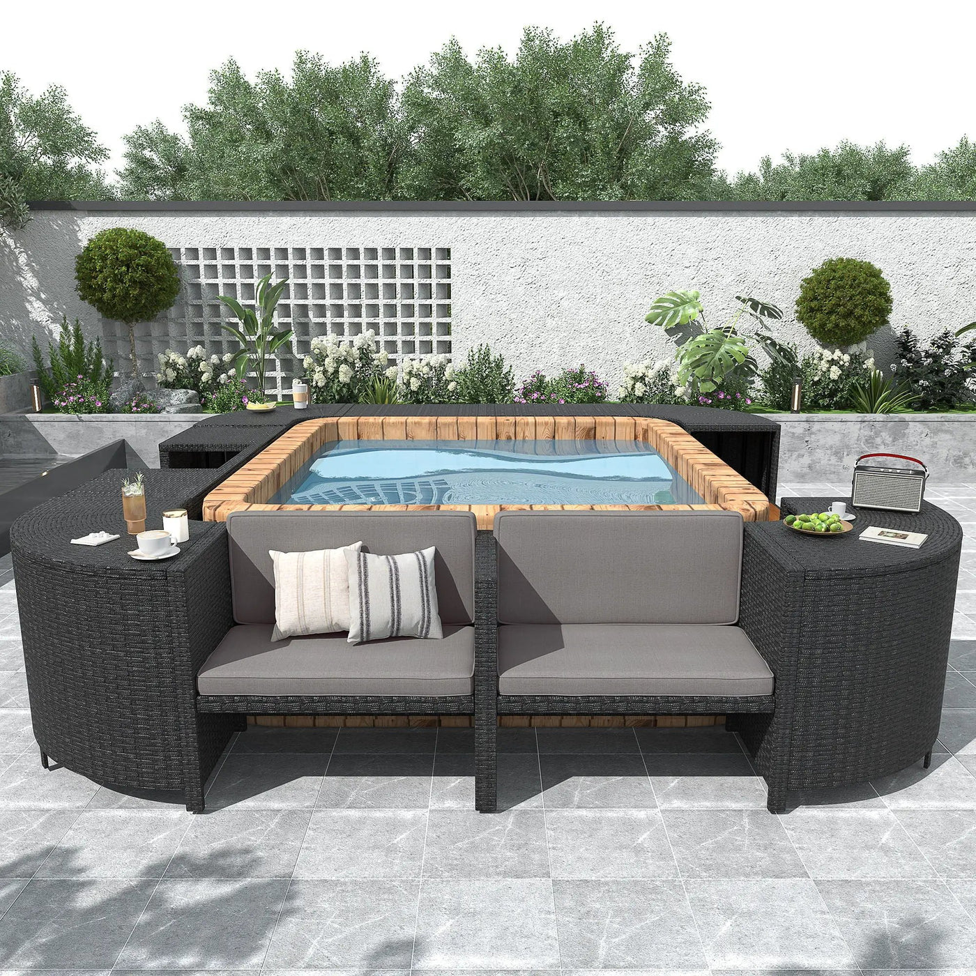 Spa Surround Spa Frame Quadrilateral Outdoor Rattan Sectional Sofa Set With Mini Sofa, Wooden Seats And Storage Spaces by Unique Piece Furniture