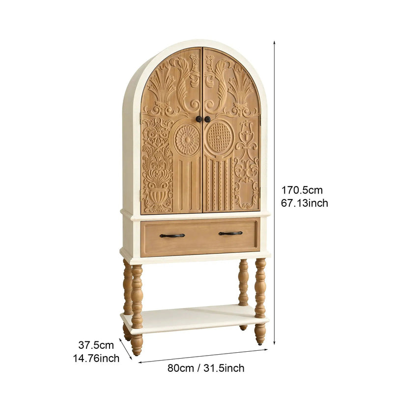 Arched Flower Carved Door Accent Sideboard Cabinet With 1 Drawer And Shelf, Cabinet For Kitchen - Natural / White by HouseOfZazla