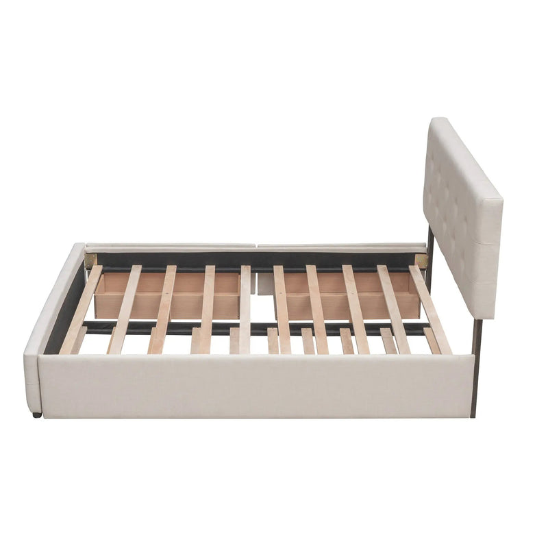 Upholstered Platform Bed with 2 Drawers and 1 Twin XL Trundle, Linen Fabric, Queen Size - Dark Beige(OLD SKU :LP100314AAA) by HouseOfZazla