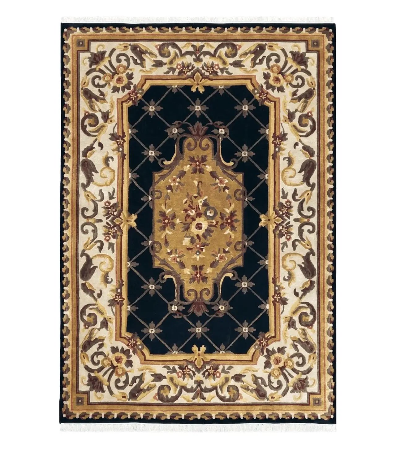 Nepal Rug 6x9, Nepalese Aubusson Area Rug 6 x 9, Hand-Knotted Wool Soft Pile Black & Beige Tibetan Aubusson New Carpet European Savonnerie by Jewel Rugs