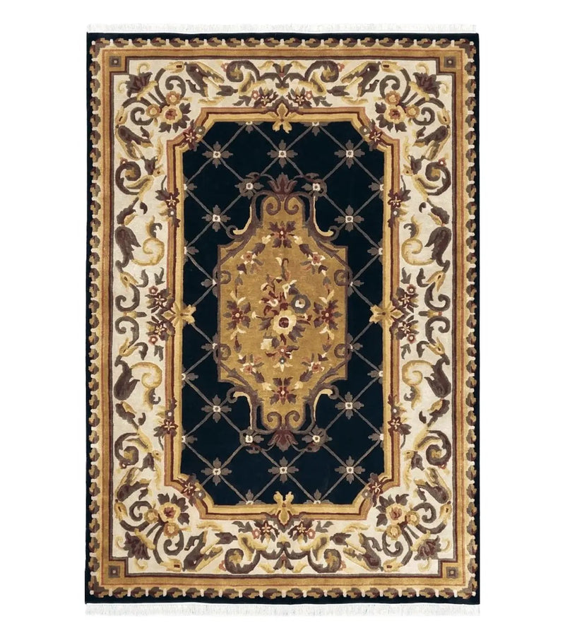 Nepal Rug 6x9, Nepalese Aubusson Area Rug 6 x 9, Hand-Knotted Wool Soft Pile Black & Beige Tibetan Aubusson New Carpet European Savonnerie by Jewel Rugs