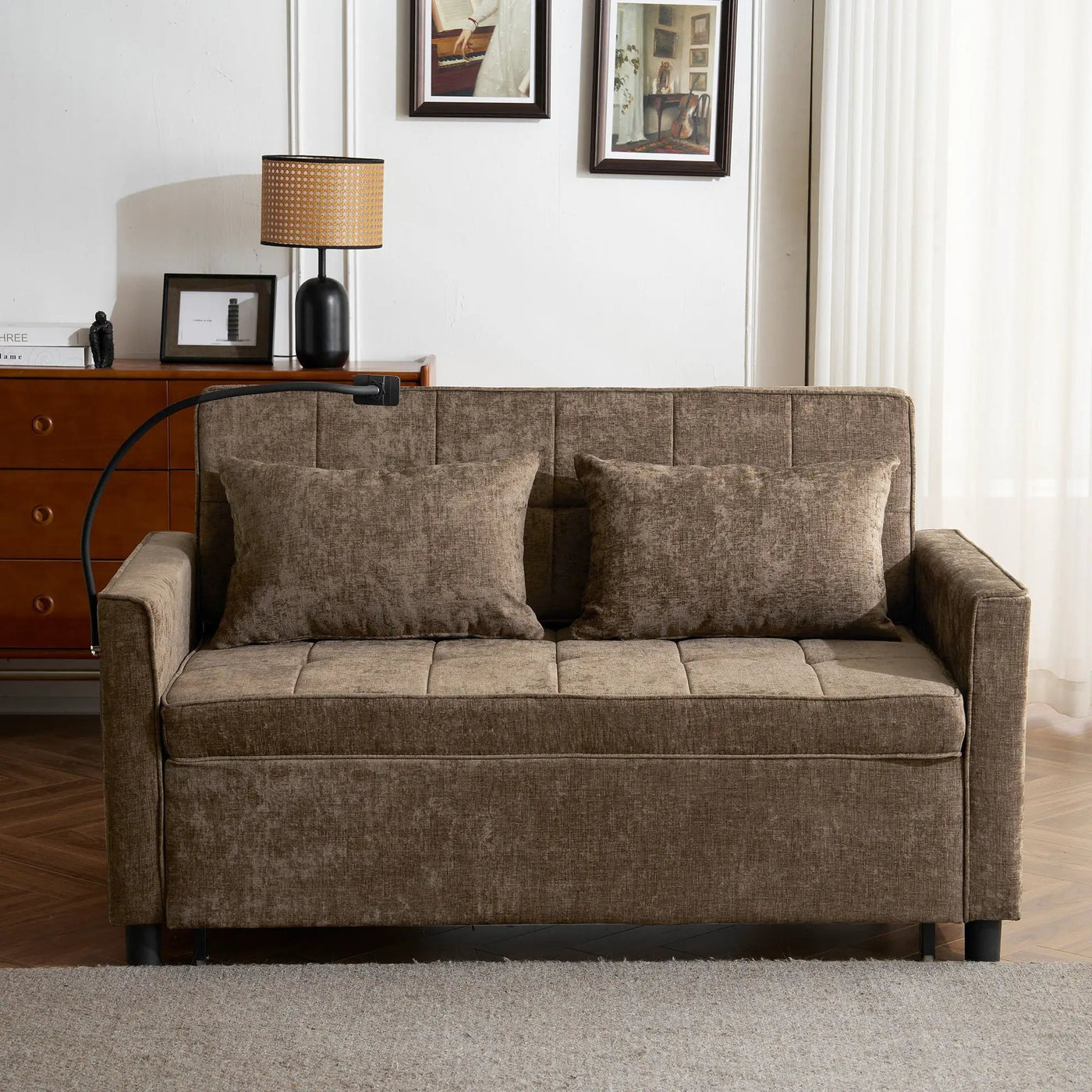 Pull-Out Sleeper Sofa With Reversible Backrest Cushion, Side Pockets, 2 USB Ports And A Phone Holder For Living Room by HouseOfZazla
