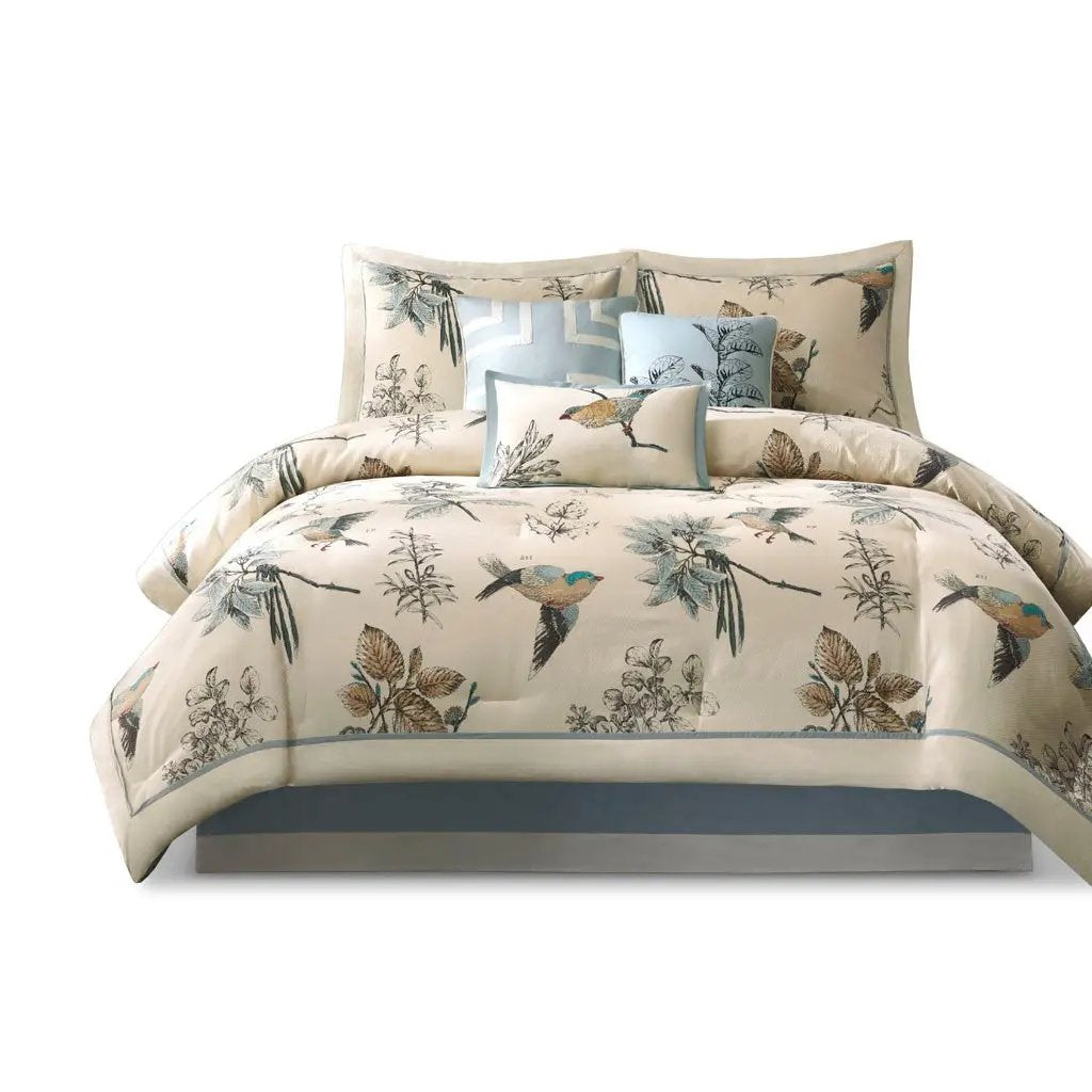 7 Piece Printed Cotton Twill Comforter Set Khaki Cal King by HouseOfZazla