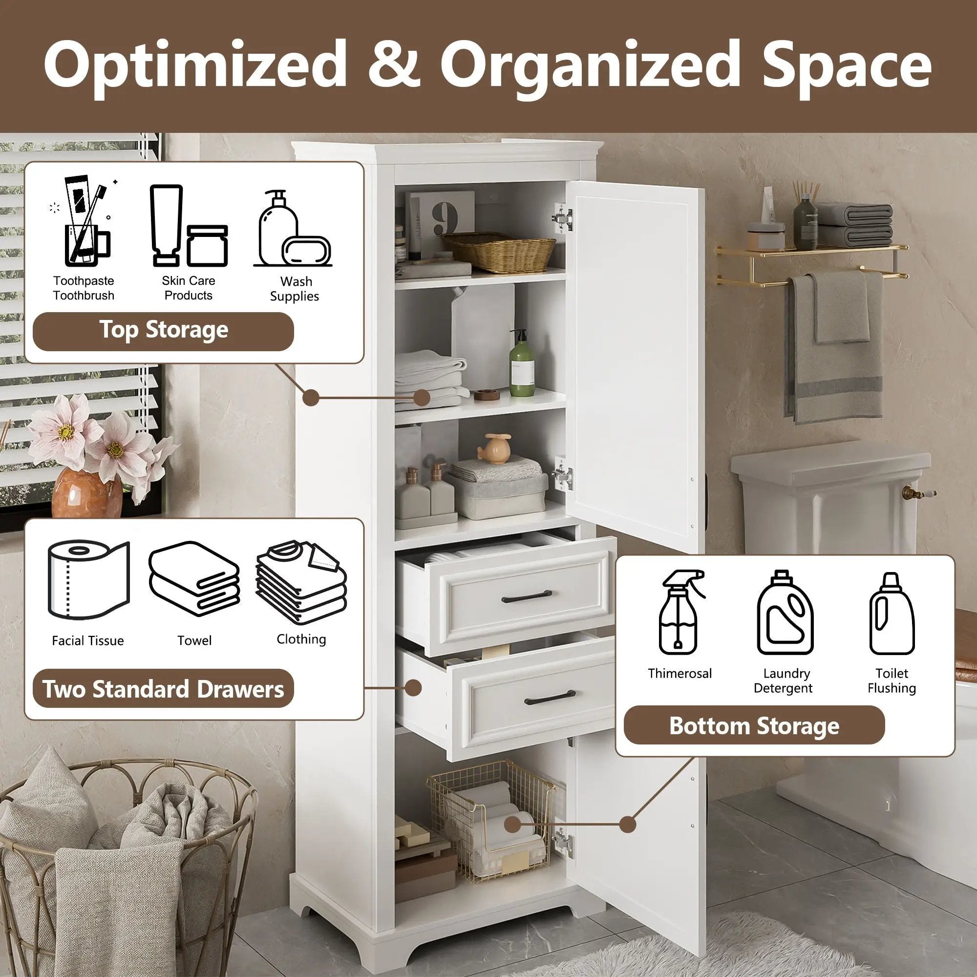 Freestanding Bathroom Vanity Tall With Damping Hinge Doors, Adjustable Shelves - White by HouseOfZazla