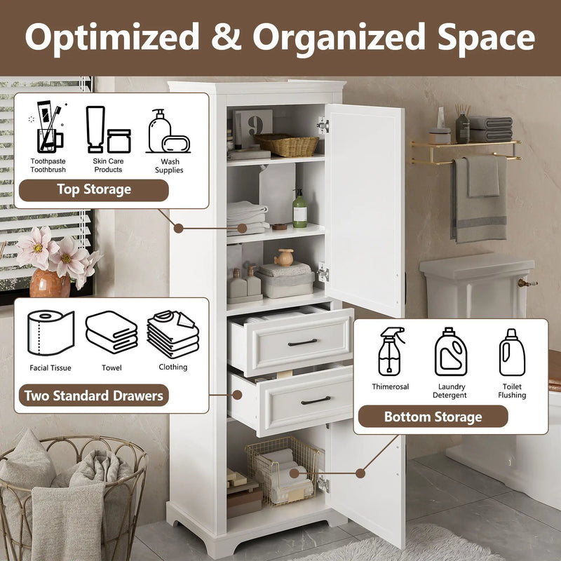 Freestanding Bathroom Vanity Tall With Damping Hinge Doors, Adjustable Shelves - White by HouseOfZazla