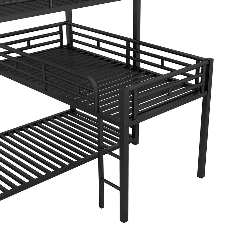 L-Shaped Triple Twin Size Bunk Bed, Industrial Design With Integrated Ladder And Full Length Guardrails - Black by HouseOfZazla