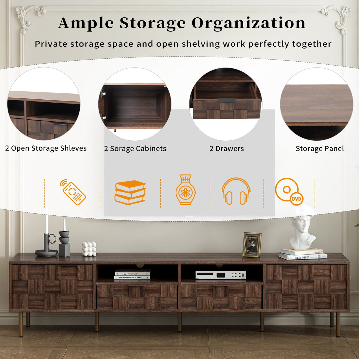 TV Stand With 2 Drawers, Media Console Table, Storage Cabinet With Cable Management, photo 6 of 13