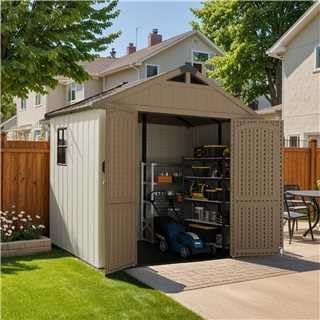 Patiowell 8 x 6 FT Plastic Outdoor Storage Shed with Floor, Resin Shed with Window and Lockable Door for Garden, Backyard, Tool Storage Use, Easy to Install in Brown (Kick-it Shed) by GreenHaven Gardens