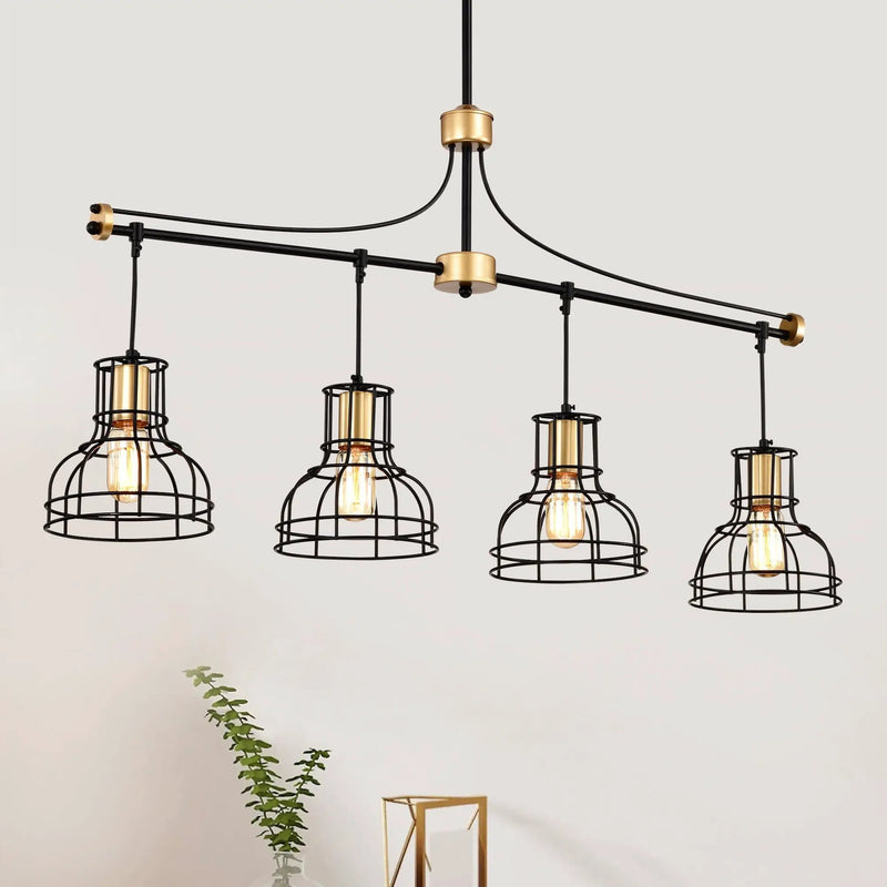 Dining Room Light Fixture / Chandelier Table, 40 -" Hanging For Farmhouse Linear Chandeliers, 5 Light Kitchen Island Lighting Ceiling Chandelier, With Metal Lampshade - Gold / Matte Black by HouseOfZazla