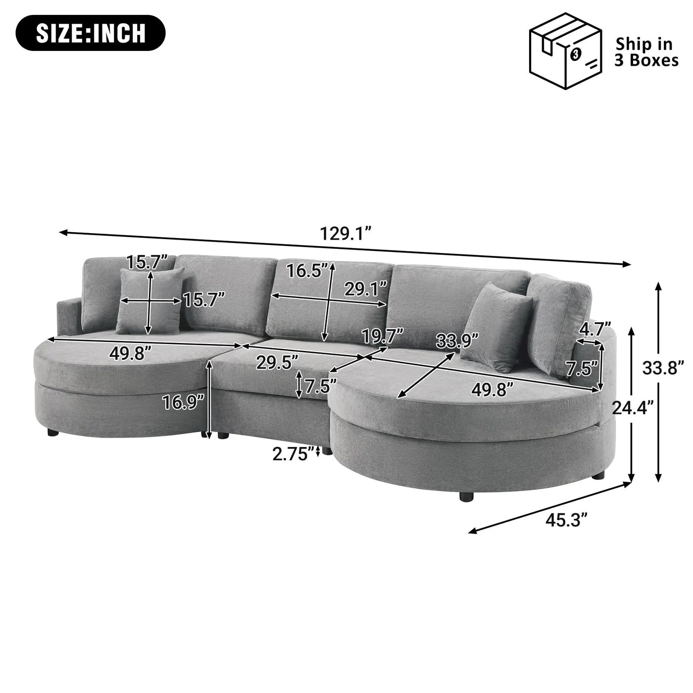Modern 3 Seater Upholstered Sofa With Curved Design by HouseOfZazla