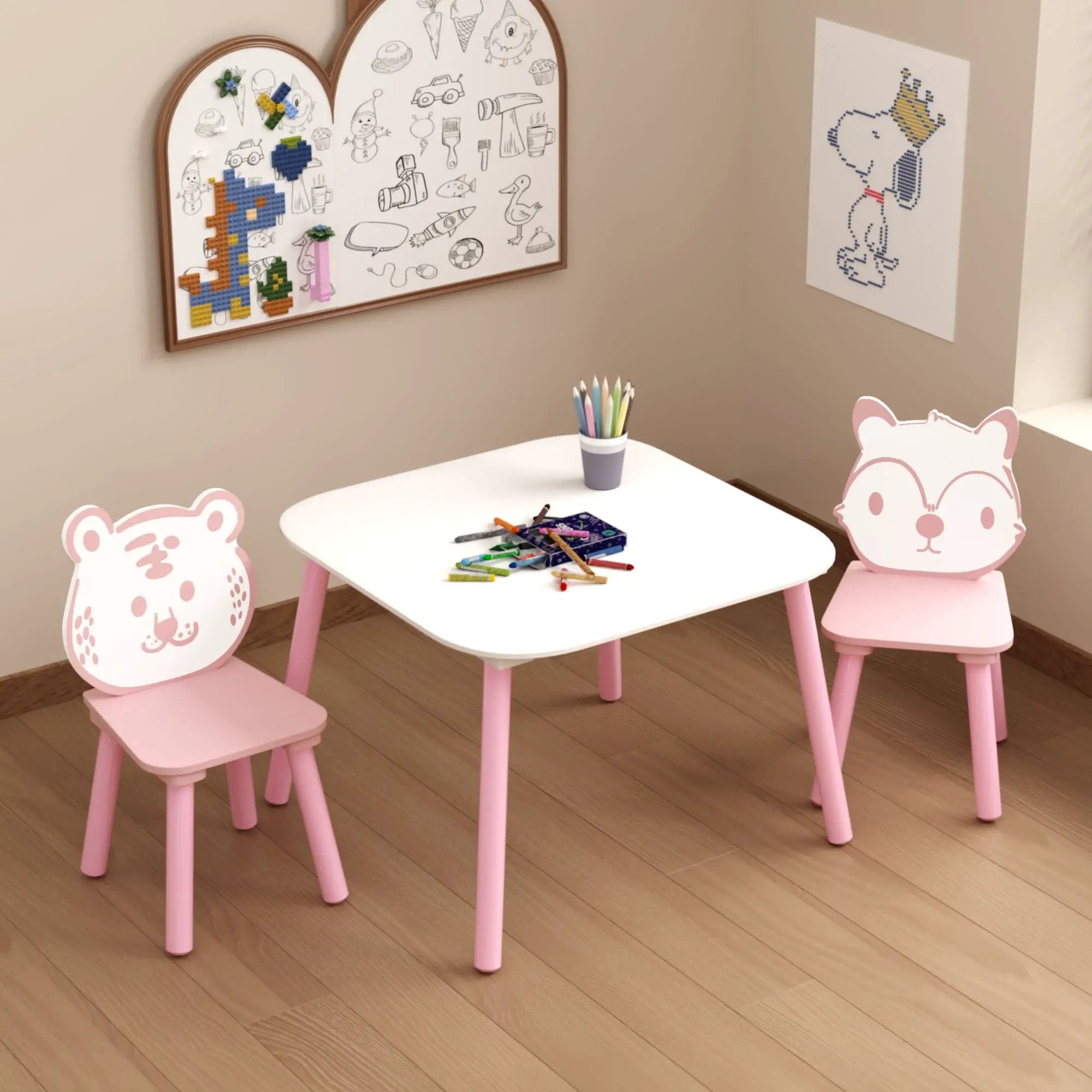 Table And Chair Set, 3 Piece Wooden Toddler Desk With Animal Backrest - Pink / White by Unique Piece Furniture