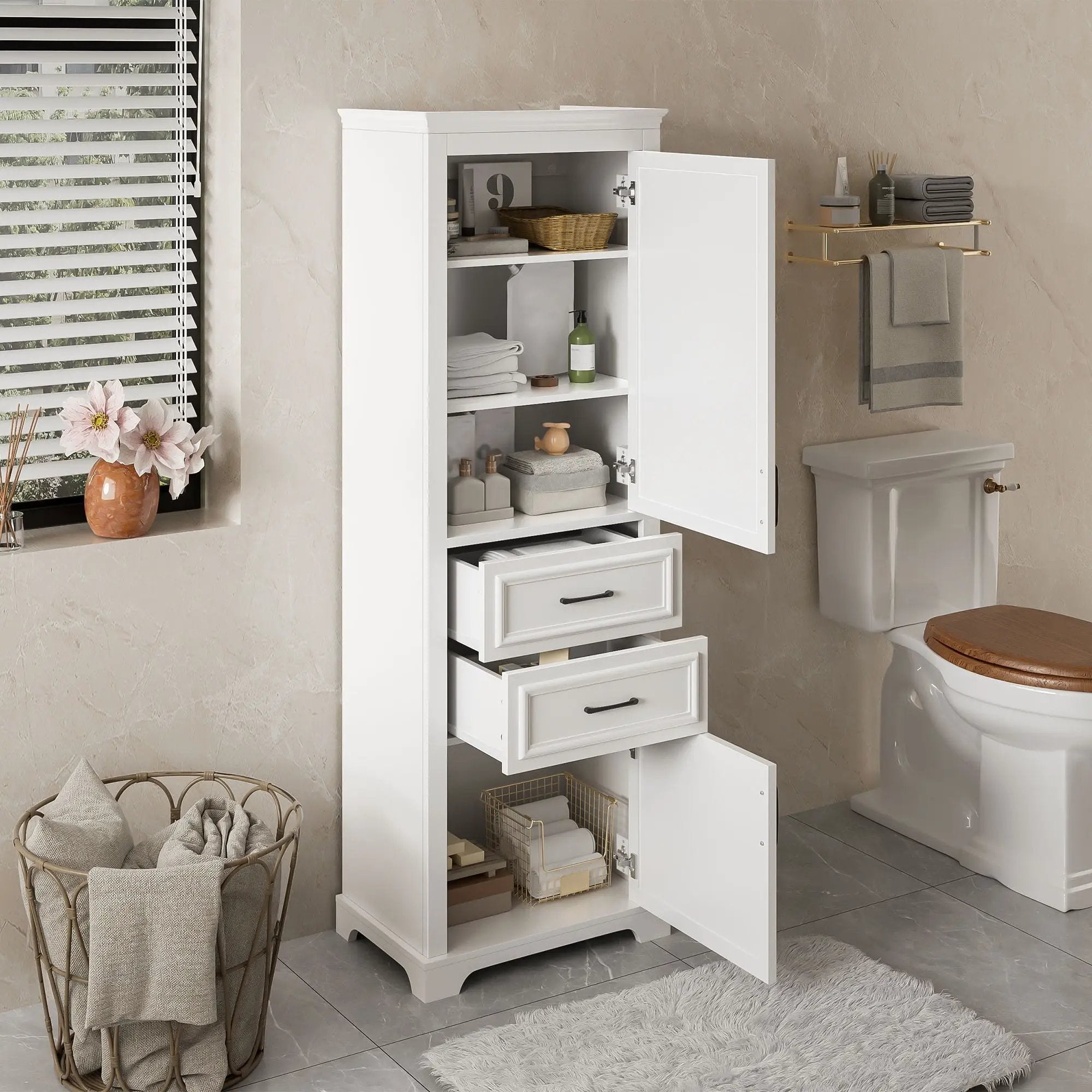 Freestanding Bathroom Vanity Tall With Damping Hinge Doors, Adjustable Shelves - White by Unique Piece Furniture