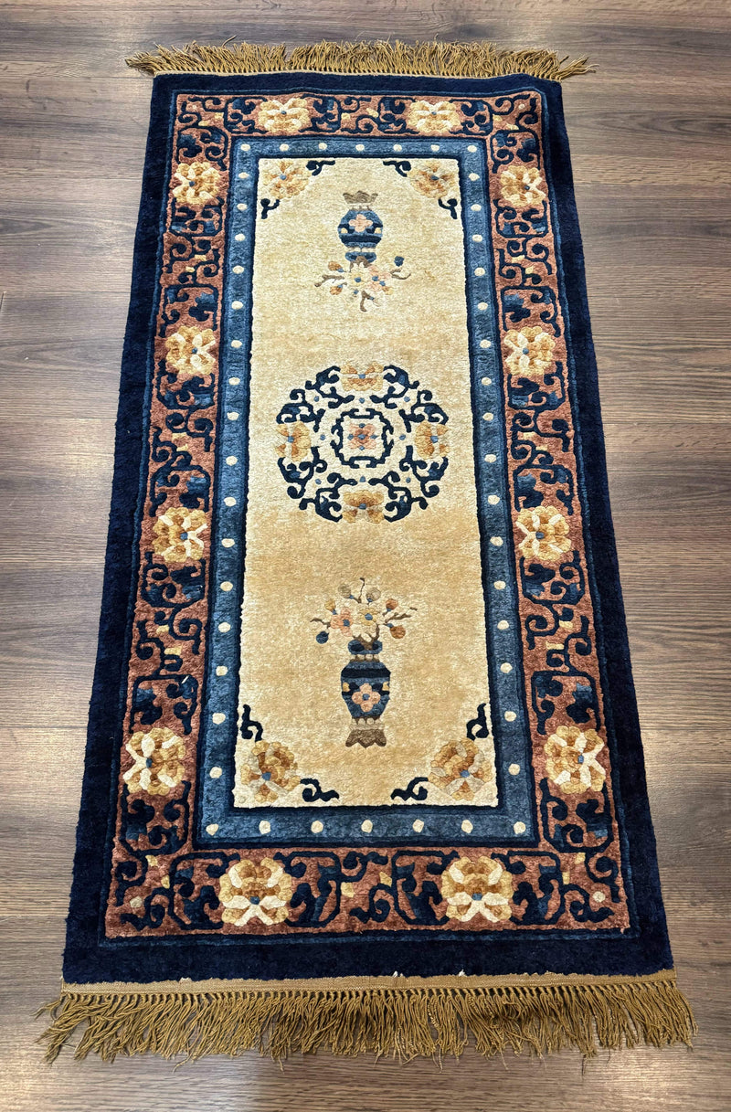 Silk Chinese Rug 2x4, Peking Carpet, Golden-Beige and Blue, Hand Knotted, Simple Design by Jewel Rugs