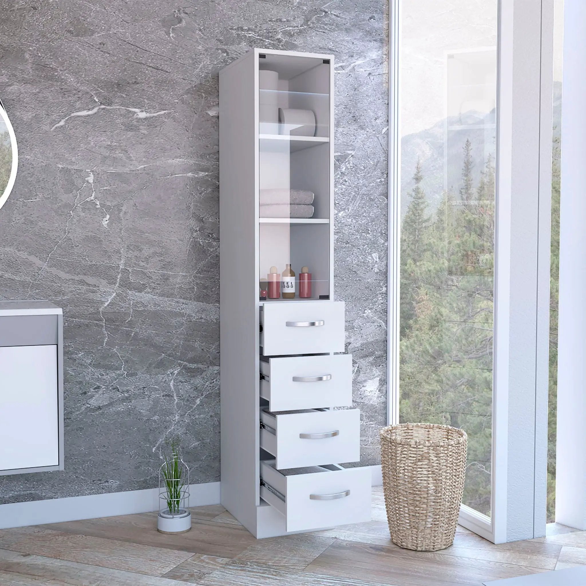 Linen Cabinet, 3 Shelves, 4 Drawers And Metal Handles - White by Unique Piece Furniture