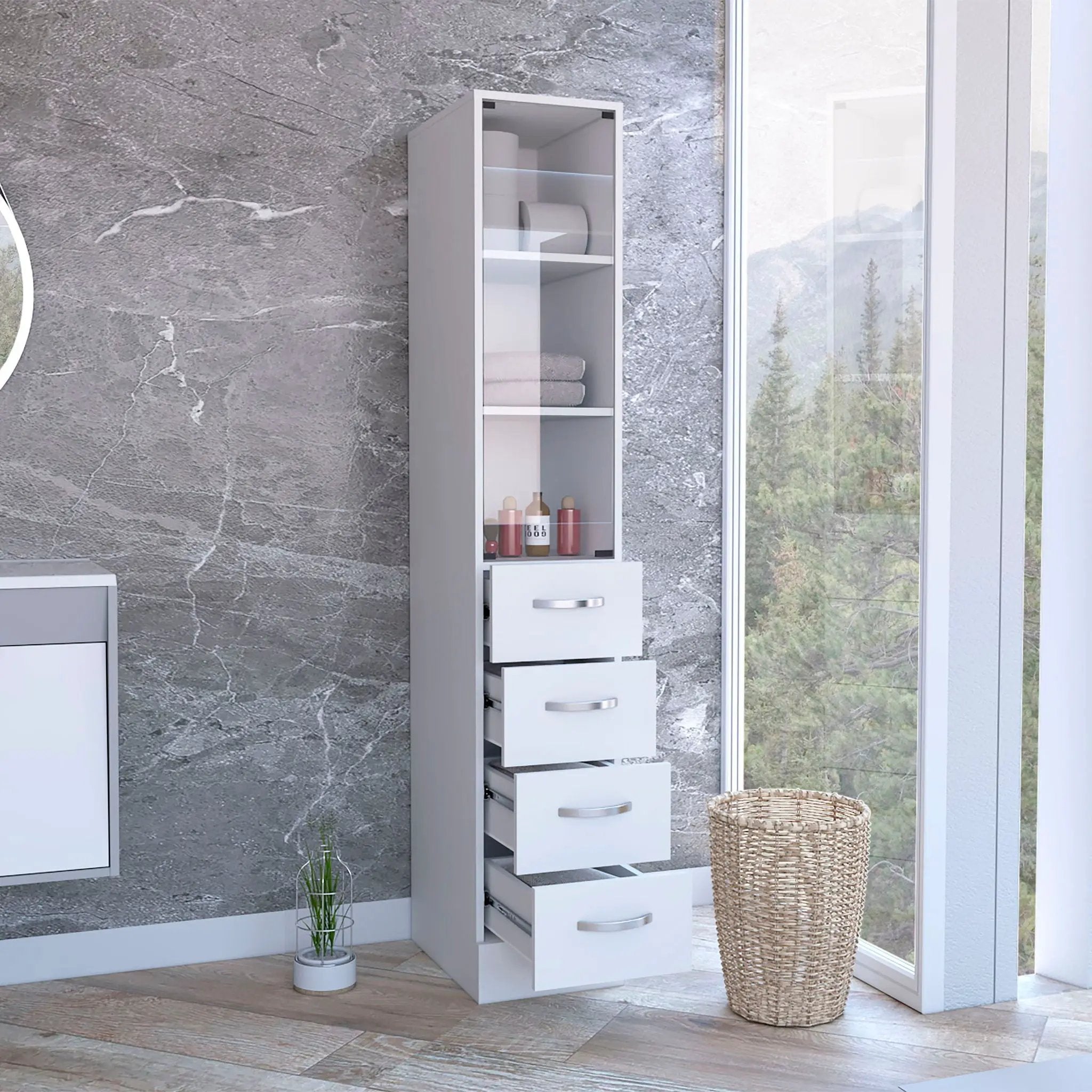 Linen Cabinet, 3 Shelves, 4 Drawers And Metal Handles - White by HouseOfZazla