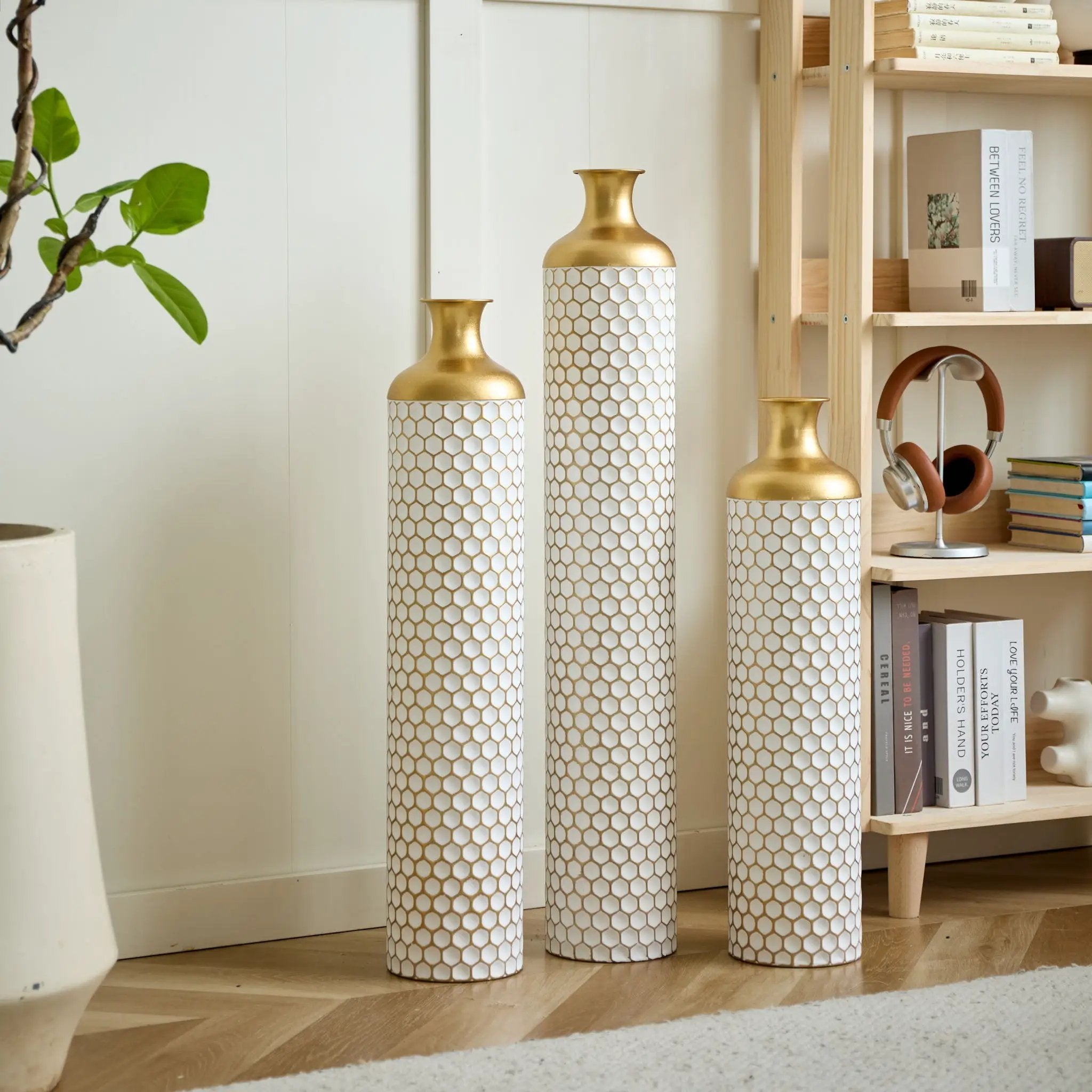 3 Piece Set Gorgeous Home Decoration Large Glazed Floor Vase Decoration Home Droplet Shaped - Gold / White by Unique Piece Furniture