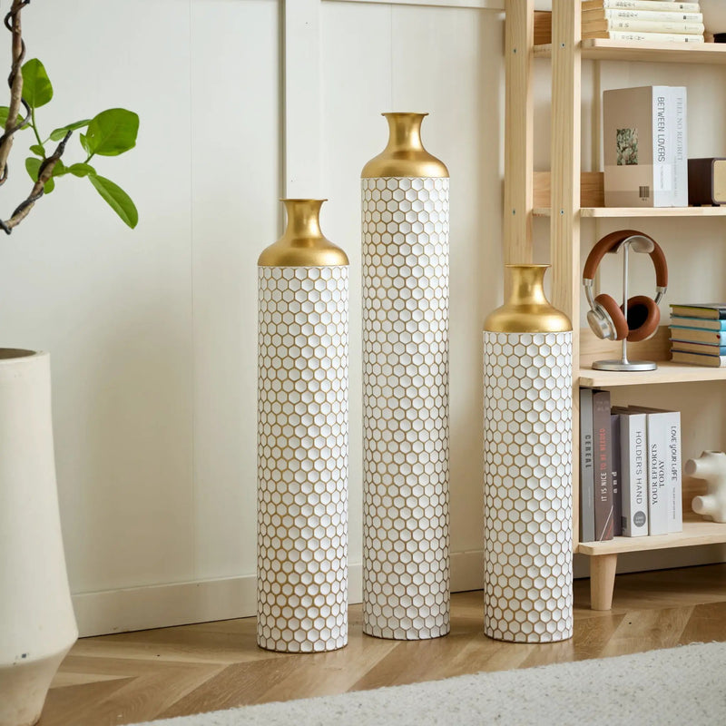 3 Piece Set Gorgeous Home Decoration Large Glazed Floor Vase Decoration Home Droplet Shaped - Gold / White by Unique Piece Furniture