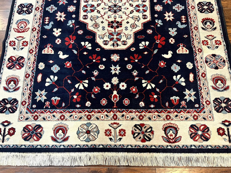 Belgium Power Loomed Rug 5.6 x 7, Navy Blue and Ivory, Heriz Pattern, Vintage Oriental Carpet by Jewel Rugs